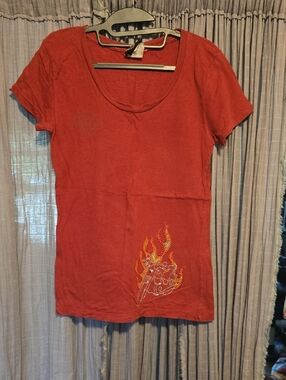 Harley-Davidson Red Scoop Neck Short-Sleeve Top with Flame Embellishment
